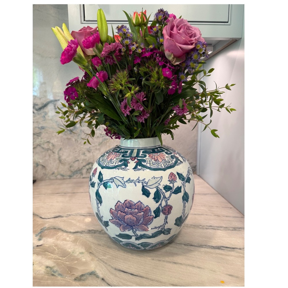Vintage Chinoiserie Floral Ceramic Ginger Jar Vase Pink Teal Peony‎ 9 Inch